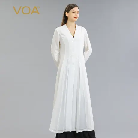VOA真丝重磅38姆米细纹乔和服领塔克褶长袖单排扣长款桑蚕丝外套图片