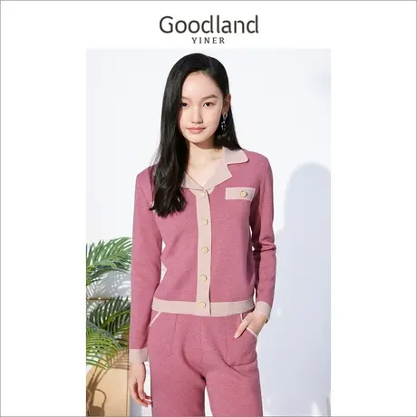 不上-切Goodland美地女装冬季西装领对称口袋单排扣针织衫商品大图