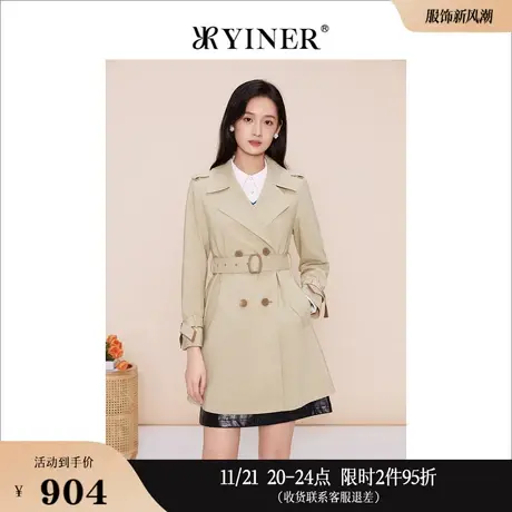 YINER音儿专选女装春季复古翻领双排扣风衣长款廓形外套商品大图