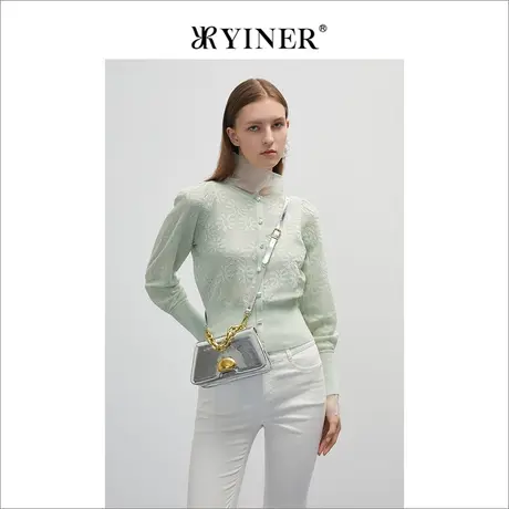 YINER音儿专柜女装2022春季新款肌理花朵圆领针织开衫商品大图