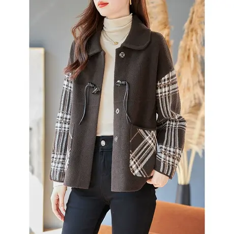 宝诗黎翻领格子牛角扣口袋上衣女夹克2024春季新款落肩针织外套商品大图