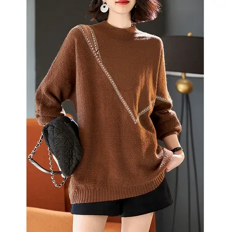 宝诗黎半高领烫钻亮丝毛衣女新款2023年秋冬季长袖宽松纯色针织衫图片