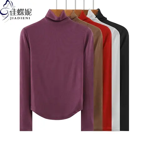 春秋新款韩版高领下摆圆弧修身纯色纯棉螺纹长袖体恤上衣内搭女装商品大图