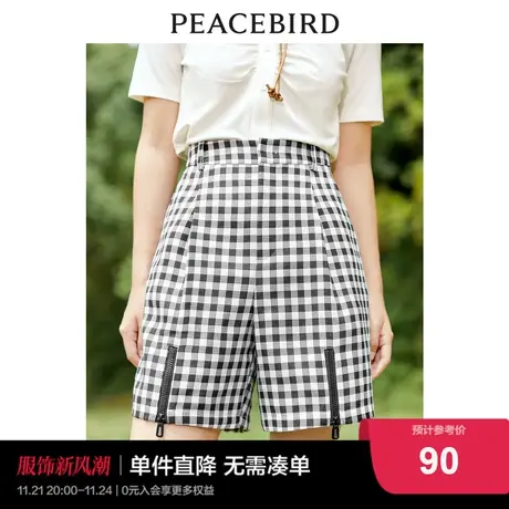 太平鸟高腰格纹休闲短裤女2023年秋季新款宽松显瘦阔腿直筒格子裤图片
