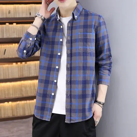 格子条纹衬衫男长袖春季修身潮流帅气短袖衬衣男士商务休闲保暖寸商品大图