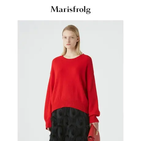 【言选好物】玛丝菲尔羊毛冬季新款女装圆领套头宽松红色毛衣商品大图