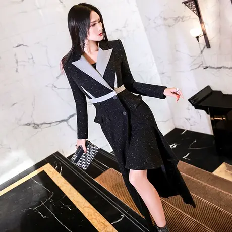 VJE秋冬时尚撞色不规则女士呢大衣新款气质收腰修身毛呢外套图片