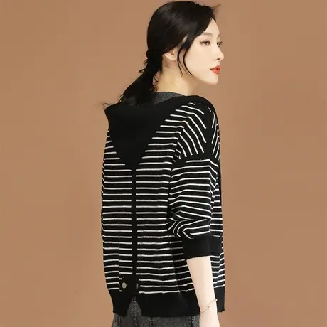 韩潮袭人条纹连帽长袖开衫针织衫外套女2024新款春季休闲毛衣上衣图片