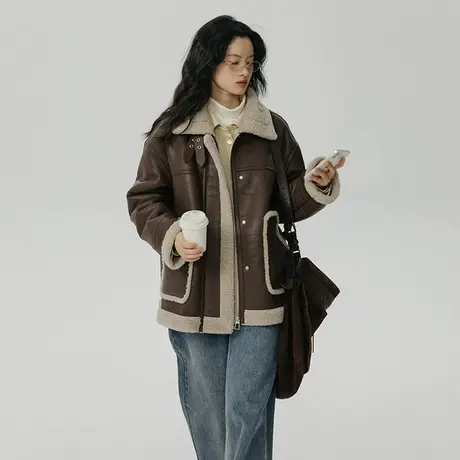 omont蛋挞家 皮毛一体羊羔毛外套女秋冬2023新款机车服夹克厚外套商品大图