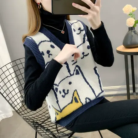 女装V领针织提花卡通马甲背心宽松洋气上衣女士线衫图片