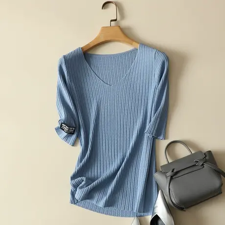 春装2024年新款冰丝针织打底衫女毛衣内搭五分袖上衣宽松短袖t恤商品大图