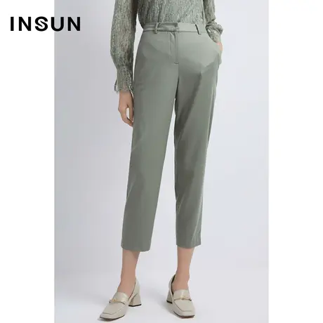 INSUN恩裳冬季灰绿九分直筒高腰西装裤图片