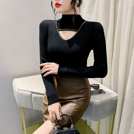 欧货复古烫钻钉珠针织衫性感镂空T恤女长袖洋气减龄减龄打底衫ins商品大图