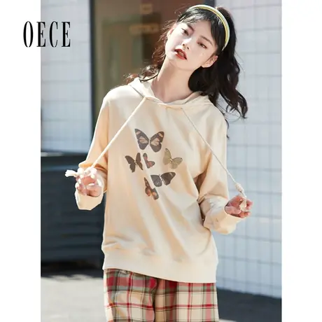 Oece春秋装女可爱贩卖机学院减龄蝴蝶印花连帽长袖卫衣商品大图