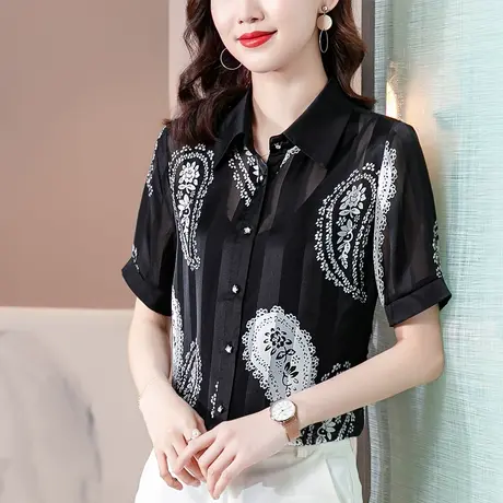 短袖雪纺衬衫女夏季2023新款中年妈妈洋气碎花设计感高端上衣法式商品大图