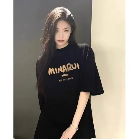 纯棉美式复古黑色短袖t恤女2023新款夏季宽松设计感小众潮牌上衣商品大图