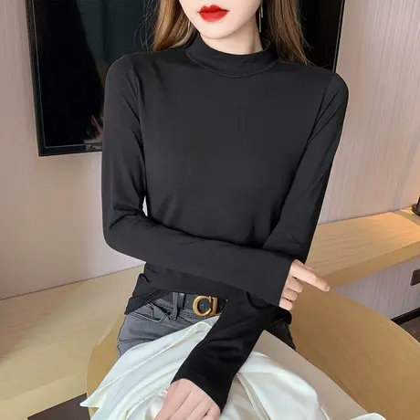 小高领t恤女士纯棉长袖秋冬季小众设计感新款黑色体恤内搭打底衫商品大图