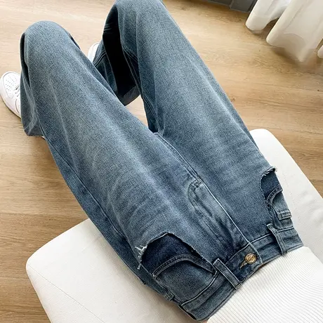 高腰牛仔阔腿裤女长裤2023春秋新款复古男友风bf宽松垂感直筒裤子图片