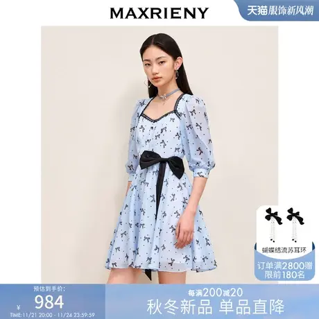 MAXRIENY复古蝴蝶结飘带设计感波点连衣裙秋季甜美少女感印花裙子图片