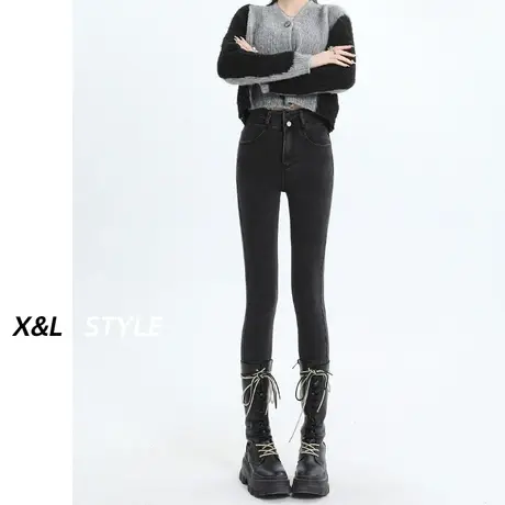 灰色加绒加厚牛仔裤女秋冬2023新款高腰显瘦紧身美式铅笔小脚裤子图片