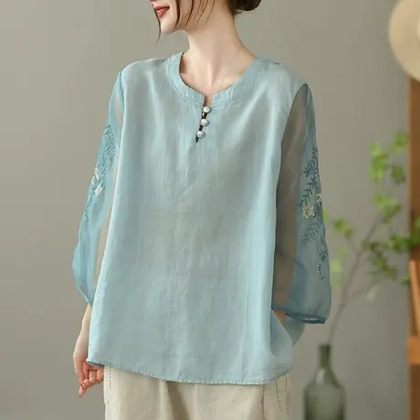 dza 复古重工刺绣苎麻衬衫女2023夏季拼接袖衬衣宽松棉麻套头上衣图片