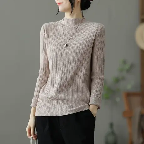 dza 文艺复古短款半高领针织衫女新款打底衫秋冬内搭毛衣休闲上衣商品大图