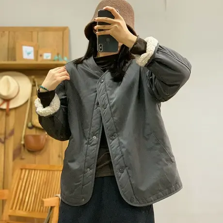 dza复古宽松V领加厚羊羔绒棉服外套女冬季两面穿上衣纯色保暖棉衣图片