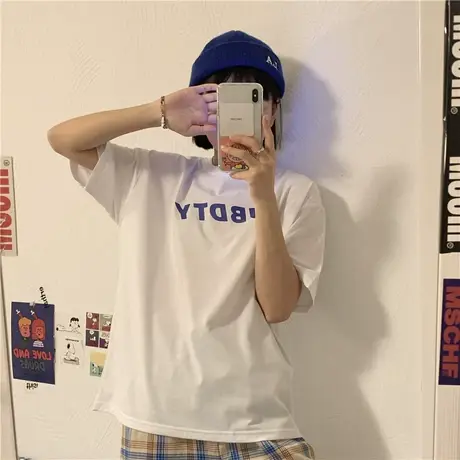 ins潮cec超火学院BF风简约字母宽松圆领百搭白色纯棉短袖T恤女生图片