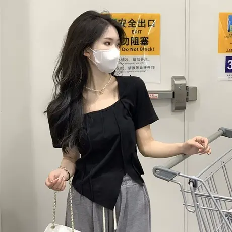 方领露锁骨短袖T恤女2024夏季新款百搭打底衫韩版小众别致上衣服商品大图