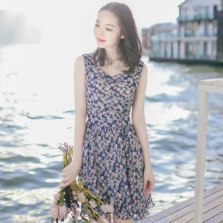 夏季女装修身显瘦短裙子无袖雪纺连衣裙海南三亚海边度假裙沙滩裙图片