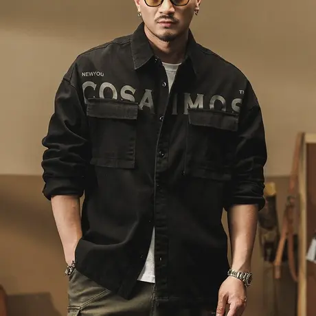 百搭男士工装衬衫休闲青春时尚潮流百搭宽松翻领男士工装衬衫外套图片