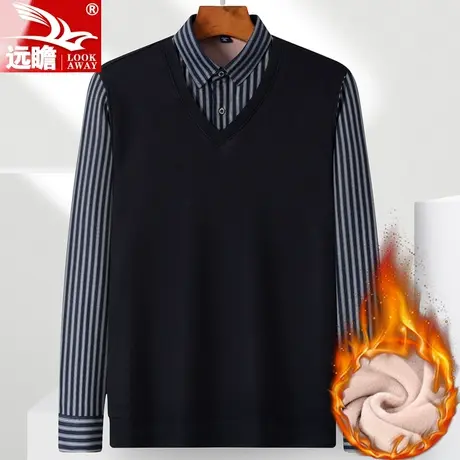 秋冬爸爸毛衣加绒加厚中年男士保暖针织衫中老年男冬季假两件上衣图片