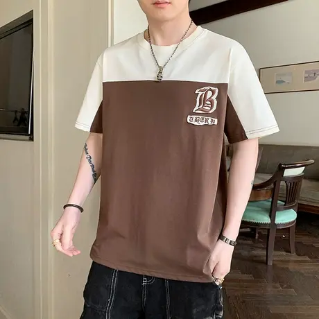 夏季圆领印花撞色短袖T恤男士纯棉休闲百搭上衣服体恤衫男装夏装商品大图