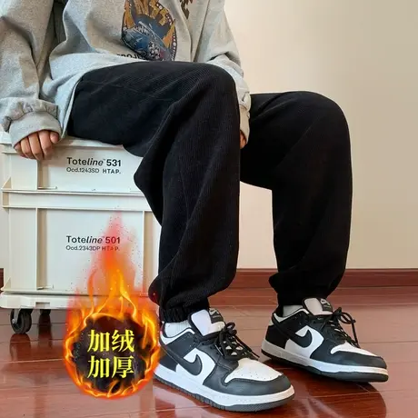 灯芯绒裤子男秋季宽松黑色长裤潮牌重磅秋冬款加绒小脚束脚休闲裤商品大图