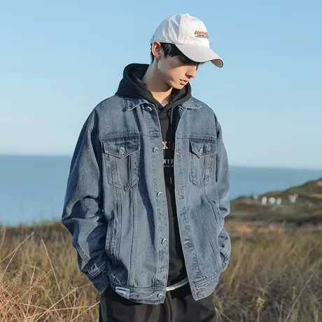 男士港风牛仔外套男春秋款潮流百搭2023新款工装翻领夹克休闲上衣商品大图