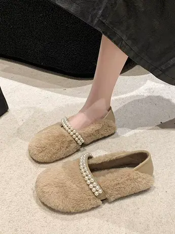 复古珍珠加绒毛毛鞋女外穿2023年秋冬新款平底棉鞋子懒人一字单鞋商品大图
