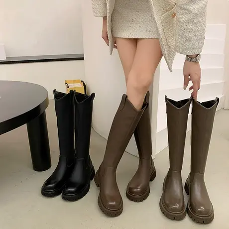 骑士靴女2023新款韩版显瘦配裙子v口长靴厚底增高粗跟高跟长筒靴图片