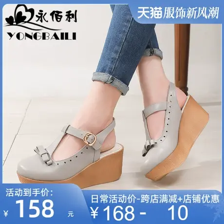 2025夏罗马坡跟T字带凉鞋女士真皮包头厚底复古镂空百搭女鞋皮鞋图片