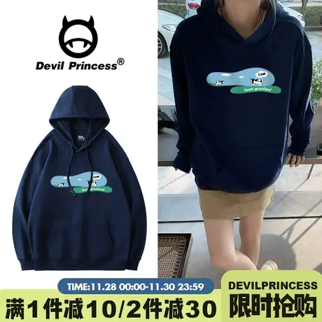 韩系ins风显白藏蓝色连帽卫衣女下衣失踪大版宽松加绒款套头上衣商品大图