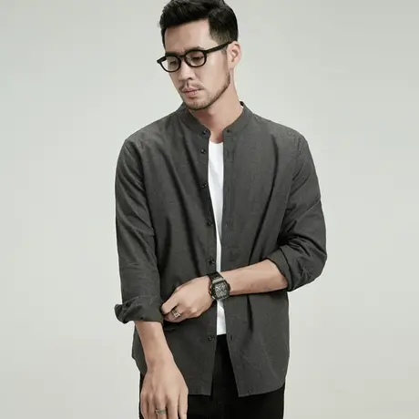 格慕施休闲衬衣男士全棉法兰绒磨毛立领纯棉潮流大码宽松长袖衬衫图片