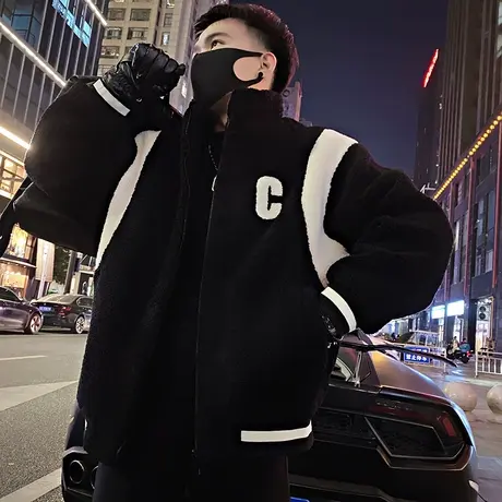 摇粒绒棉服男冬季新款美式重磅加厚字母刺绣拼接设计感羊羔毛外套商品大图