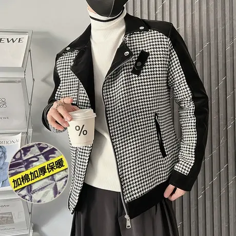 千鸟格皮衣夹克男冬季2023新款韩版加棉加厚潮牌翻领冬装保暖外套商品大图