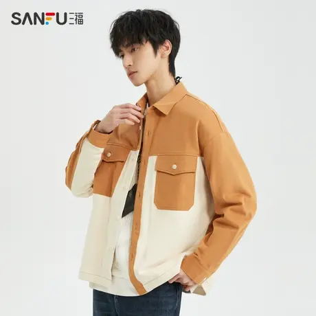 直播秒杀三福2023冬男士撞色拼接工装长衬衫 宽松翻领纯棉上衣男4商品大图