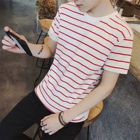 男士短袖T恤潮流上衣2019夏季新款海魂衫条纹半袖夏装帅气衣服男商品大图