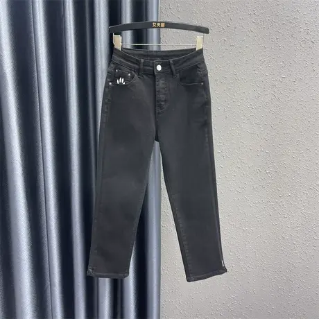 韩版小个子牛仔直筒裤女2024春季新款高腰修身显瘦弹力刺绣烟管裤图片