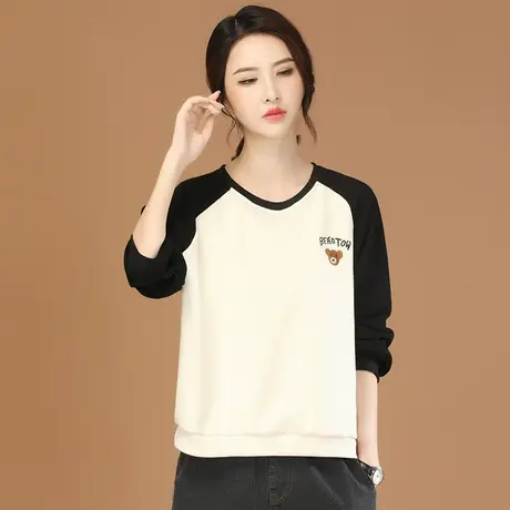 韩潮袭人圆领长袖撞色拼接刺绣女士卫衣2023秋季新款休闲显瘦上衣商品大图