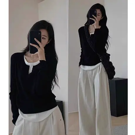 黑色假两件针织打底衫女2024不规则拼接修身显瘦内搭长袖套头上衣商品大图