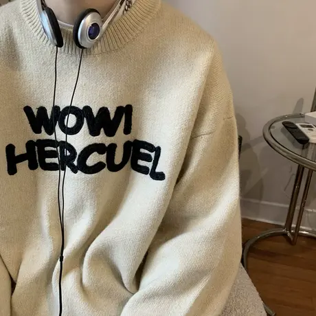 圆领毛衣男潮牌字母设计休闲针织打底衫ins厚款秋冬潮流套头上衣商品大图