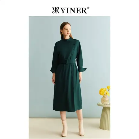 YINER音儿冬季女装绵羊毛法式设计感收腰A字通勤连衣裙商品大图