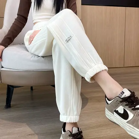 米白色运动裤女春秋季新款高腰显瘦直筒束脚卫裤小个子灯笼哈伦裤商品大图